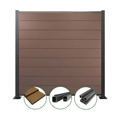 Produktbild von Woodstore24 - WPC Sichtschutzzaun - braun – 10 x Zaun & 11 x Pfosten - 185 cm x 180 cm - Gartenzaun Komplettset - inkl. Pfosten anthrazit