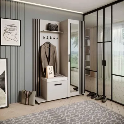 Image de Armoire LIVIA – Ensemble vestiaire avec miroir et cintres, cachemire, lamelles noires, coussin d'assise beige clair, gauche