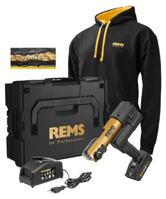 Immagine prodotto di REMS E 22 V ACC Gold Basic Pack Pressa radiale a batteria 22 V 32 kN ( 576X17 RG220 ) + 1x batteria 2,5 Ah + 1x caricabatterie + felpa con cappuccio + L-Boxx