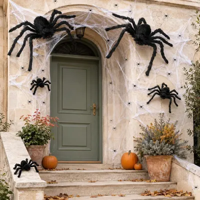 Obrázek produktu pro Dekorace na Halloween – sada pavučin – 27 kusů – umělé pavouky – pro použití v interiéru i exteriéru
