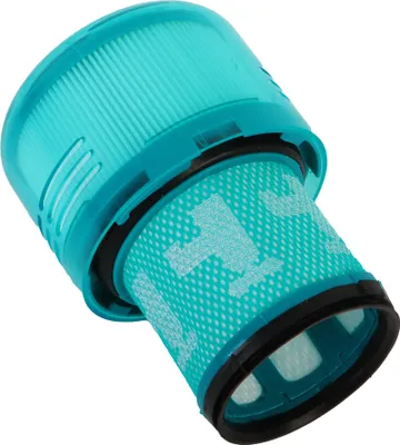 A close-up studio shot of a teal vacuum cleaner filter.