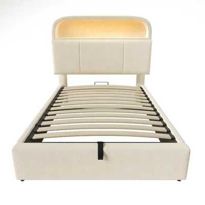 Produktbild von Flieks Hydraulisches Polsterbett 90x200cm mit Led, Stauraumbett Einzelbett mit Ladefunktion, Jugendbett mit höhenverstellbarem Kopfteil, Samt, Beige