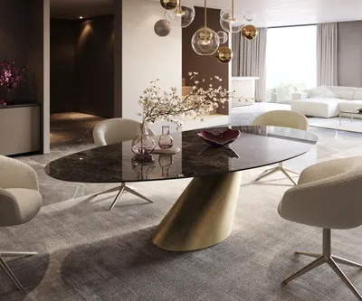 Produktbild von DELIFE Esstisch Edge Oval 280x130 Keramik Emperador Extra Lucidato Dunkelbraun Cono Metallic Gold