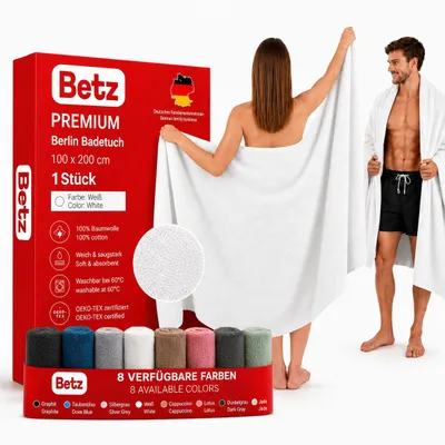 Produktbild von Betz Badetuch XXL 100x200 cm – Saunatuch & Strandtuch aus 100% Baumwolle, 360 g/m² – saugstark & weich – großes Handtuch mit Aufhänger – Berlin-weiß