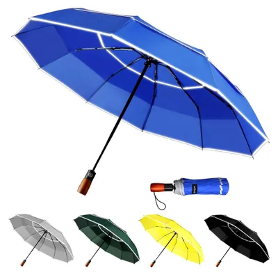 Produktbild von Faltbarer, sturmfester Regenschirm mit 10 Rippen, automatischer Öffnungsmechanismus, schnelltrocknend, rutschfester Griff, leichter Regenschirm mit Reflexstreifen für Herren und Damen