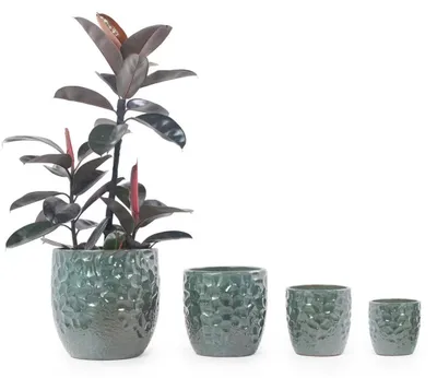 Produktbild von Keramik-Pflanztopf-Set 4-teilig Ø38/30/22,5/18cm, Hochglanz, Hammerschlag-Relief, frostsicher. Dark Green