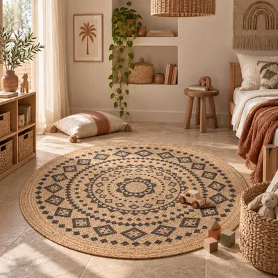 Produktbild von Naturfaser Handgefertigt Jute Teppich Nele Ethno Rund, Größe:80 cm Rund, KI-generiertes Bild