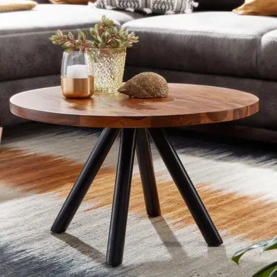 Obrázok produktu pre WOHNLING konferenčný stolík 60x60x35 cm masív sheeshamové drevo / kov konferenčný stolík okrúhly | Dizajnový konferenčný stolík do obývačky pevný | Ma