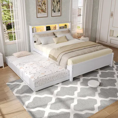 Produktbild von Flieks Holzbett Klassisches Bett 120x200cm mit Ladefunktion & LED, Doppelbett Jugendbett mit Ausziehbett 90x190cm, Kinderbett mit Staufach, Weiß