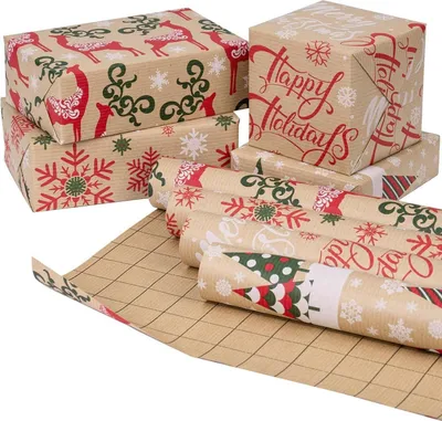 Immagine prodotto di 4 rotoli di carta da regalo natalizia in carta kraft 43,2 cm x 3 m in rosso e verde
