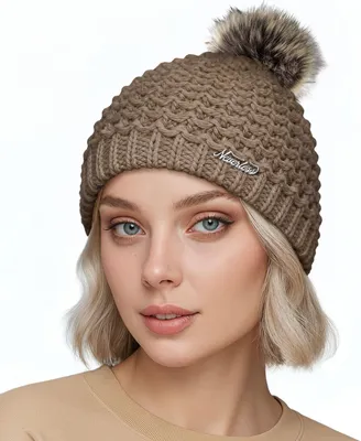 Produktbild von Damen Strickmütze Perlstrickmuster Pudelmütze Wintermütze ohne Umschlag mit Fleecefutter und Kunstfellbommel Model 1978 Neverless®