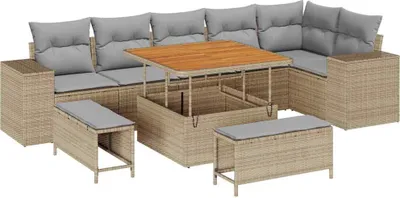 Produktbild von vidaXL Gartensofa-set mit Kissen 9 pcs Beige und Hellgrau Poly-Rattan