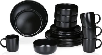 Obrázok produktu pre súprava riadu alpina 16 kusov - Súprava tanierov pre 4 osoby - Kameninový riad - Raňajkové taniere, obedové taniere, misky a šálky - Vhodné do mikrovlnnej rúry a umývačky riadu - Čierna farba