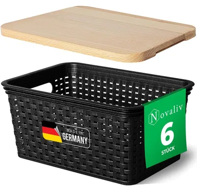 Produktbild von Novaliv 6er Set Aufbewahrungsboxen mit Holzdeckel Klein 5L Korb Schwarz in Rattan Design Lebensmittelecht Aufbewahrungskorb Stapelboxen Nestbar Kunststoff BPA-frei Kiste Verstaubboxen mit Deckel