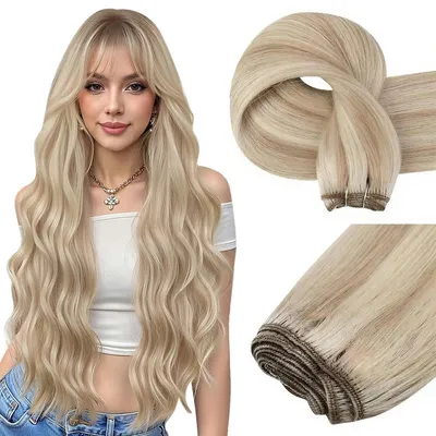 Produktbild von Haartressen Echthaar Blond Zum Einnähen Aschblond Highlight Gelbblond 30 cm 70g #P18/613