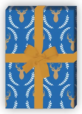 Produktbild von Elegantes Hirsch Geschenkpapier mit Hirsch Silhouette im Lorbeer Kranz,blau - G9898, 32 x 48cm