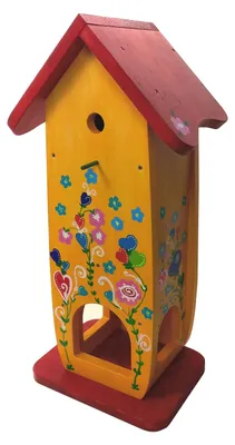 Produktbild von Vogelhaus, Nistkasten mit Futterstelle aus Holz handbemalt 32x21x64 cm gelb-rot