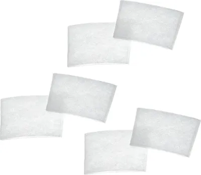 Six white filter pads arranged on a white background.