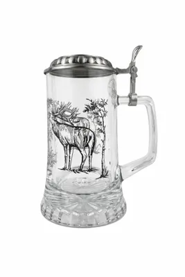 Produktbild von Glas-Bierkrug mit Hirsch-Motiv und Zinndeckel 0,4 l – schwarzes Dekor | Geschenk für Jäger