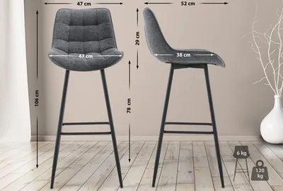Two bar stools are shown with dimensions and weight information.