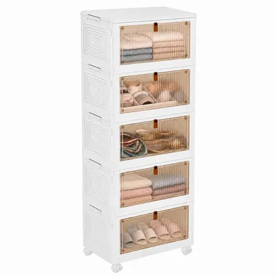 Produktbild von Aufbewahrungsbox Faltbare mit Rollen 5 Ebenen Stapelbare mit Handgriff 104x39x28cm Kunststoff Transparente Stapelboxen
