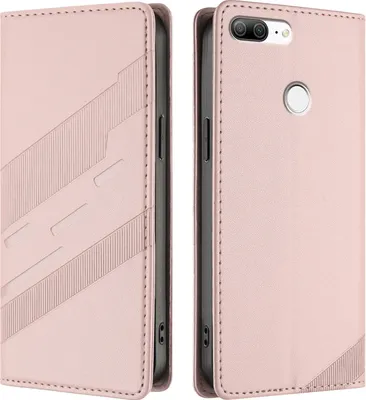 A pink leather wallet-style phone case for a smartphone, shown open and closed.