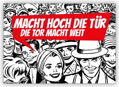 Produktbild von 4x Auffordernde Retro Pop Art Weihnachtskarte im 50er Jahre Stil: Macht hoch die Tür, die Tor macht weit