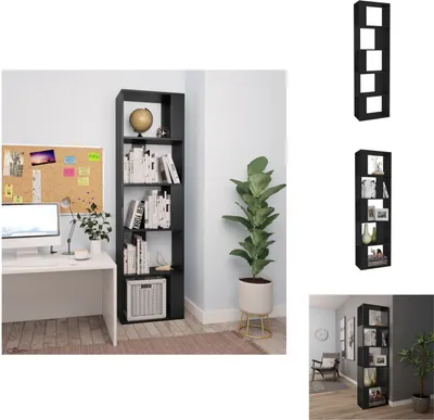 A collage of images showing a black bookshelf in different settings, including a home office and a living room.