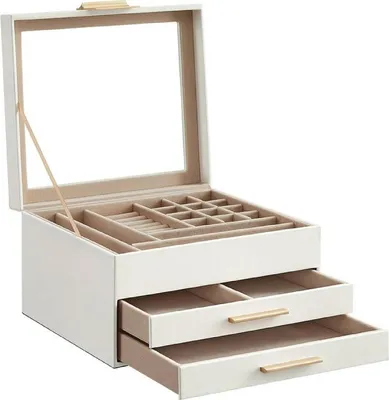 Obrázek produktu pro Songmics UKJBC239WT, Šperkovnice, Bílá, Sklo, MDF, Polyuretan (PU), Samet, 231 mm, 203 mm, 135 mm