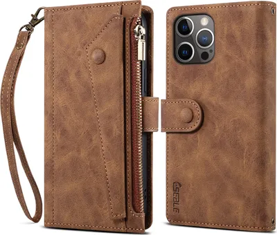 Produktbild von Schutzhülle für iPhone 13 Pro Reißverschluss Hülle, Leder Klapphülle Kartenfach Standfunktion Brieftasche mit Trageband Braun
