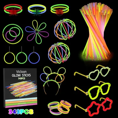 Produktbild von Vicloon Knicklichter Party Set 343 Stück mit Zubehör Brillen Ohrringe Glow Sticks Festivals