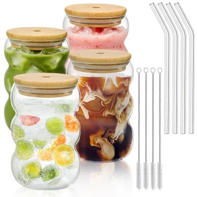 4er-Set Trinkgläser 550 ml mit Deckel & Strohhalm