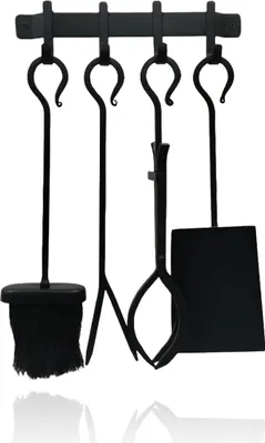 Produktbild von Relaxdays Kaminbesteck, 5-tlg. Set, Schürhaken, Schaufel, Aschebesen, Feuerzange, Wandhalterung, Ofengarnitur, schwarz