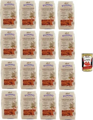 Produktbild von Rummo Maccheroncelli N°7 Glutenfreie Pasta aus roten Linsen und braunem Reis. 16 x 300 g + Italian Gourmet polpa 400g