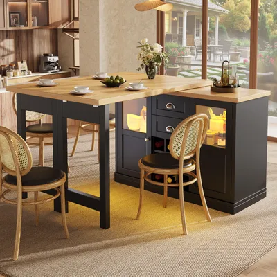 Immagine prodotto di MODFU Tavolo da pranzo nero con piano girevole a 360°, tavolo da cucina con illuminazione LED, spazio contenitivo e portabottiglie per vino. Piano allungabile da 120 cm a 197 cm