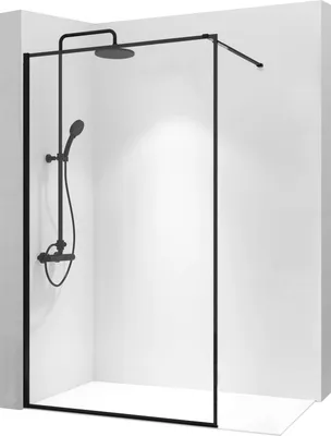 A black shower screen with a shower head and faucet.