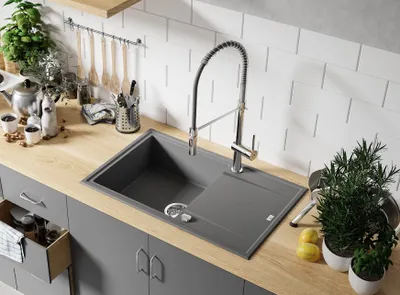 Produktbild von BADLAND Spülbecken Granitspüle Einzelbecken Megalo 50x78 Grau | Siphon im SET!