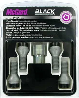 Imagen del producto de Juego de antirrobos para llantas MCGARD Black Edition, color , con ángulo de 60°, rosca M14, boca de 17 mm y longitud de 27,3 mm, compatible con:*   VW Golf VII Fastback (5G1, BQ1, BE1, BE2)*   VW Golf IV Fastback (1J1)