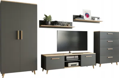 Produktbild von MATKAM Wohnzimmermöbel-Set Nord 2, 5-teilig, 1 x TV-Kommode, 1 x Wohnzimmerschrank, 1 Schuladekommode, 2 x Hängeregale (Anthrazit-Artisan Eiche)