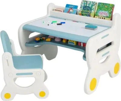 Produktbild von Moderner Kindertisch – Aktivitätentisch mit 2 Stühlen – Spiel- & Lerntisch – Höhenverstellbar – Kinder-Schreibtisch – Blau/Weiß