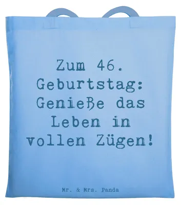 Produktbild von Mr. & Mrs. Panda Shopping Tasche Spruch 46. Geburtstag Lebensfreude - Sky Blue - Geschenk, Schultasche, Alter, einkaufstasche baumwolle, Freude, Jutebeutel, totebag