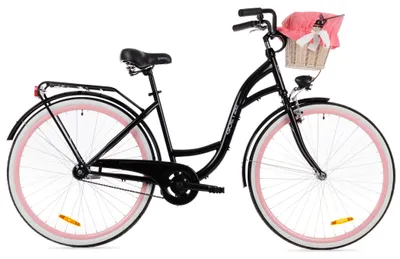 Zdjęcie produktu dla Goetze Style 28" – rower miejski z niską ramą 46 cm, 1-biegowy, hamulec torpedo z tyłu, V-Brake z przodu, oświetlenie LED, kosz rattanowy z wyściółką