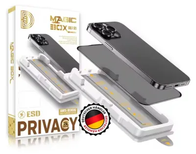 A product box for a privacy screen protector with an application guide and a smartphone.
