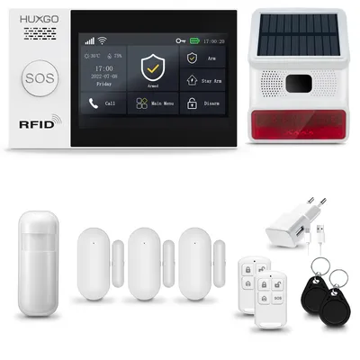 Produktbild von HUXGO HXA007 Alarmanlage Haus WiFi + GSM 2G mit Funk Sirene, Alarm System mit 1x Bewegungssensor und 3x Tür- Fenstersensor, Alarmanlage für Wohnung, Haus, Garage, Tuya Smartlife App