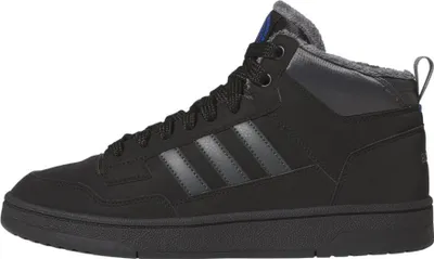 Side view of a black Adidas mid-top sneaker with gray stripes and a gray fuzzy lining.