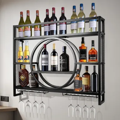 Produktbild von Nowoczesny metalowy stojak na wino 3-poziomowy ścienny stojak na wino pływająca półka szklany stojak na wino do domu, restauracji, barów (czarny, 100x15x80cm)