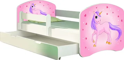 A child's bed with a unicorn theme, featuring a pull-out drawer.