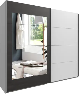 Produktbild von Schwebetürenschrank Kleiderschrank 2-türig 225cm Spiegel mit Zubehör Weiß Grau / 22005