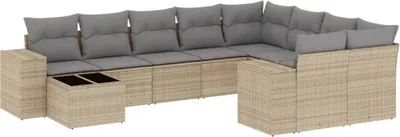 Produktbild von vidaXL 10-tlg. Garten-Sofagarnitur mit Kissen Beige Poly Rattan
