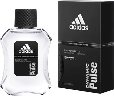 A bottle of Adidas Dynamic Pulse eau de Toilette and its packaging are displayed side-by-side against a white background.